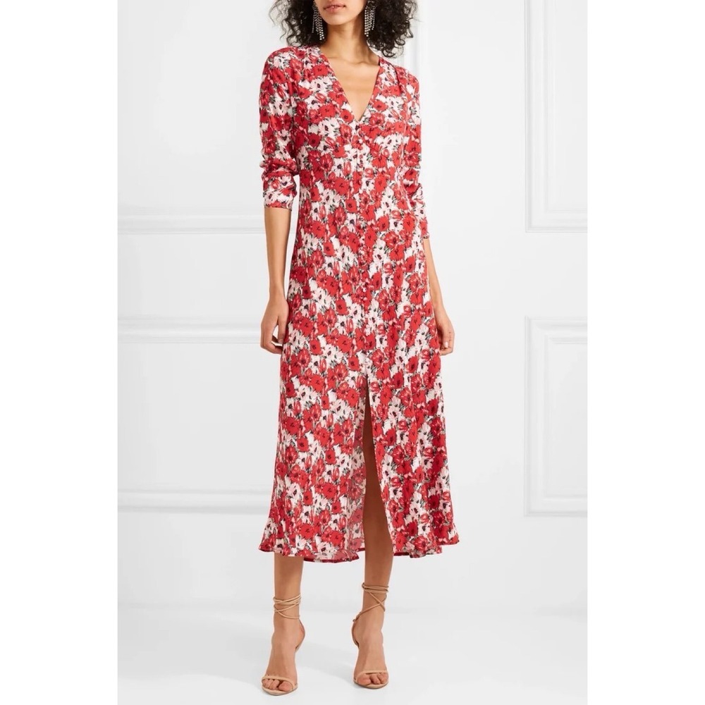 RIXO Katie Maxi Dress in Red Diana Floral 3/4 Sleeve V-Neck Button Front Medium‎